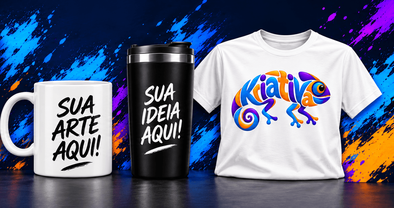 Caneca, copo térmico e camiseta personalizados Kriativa